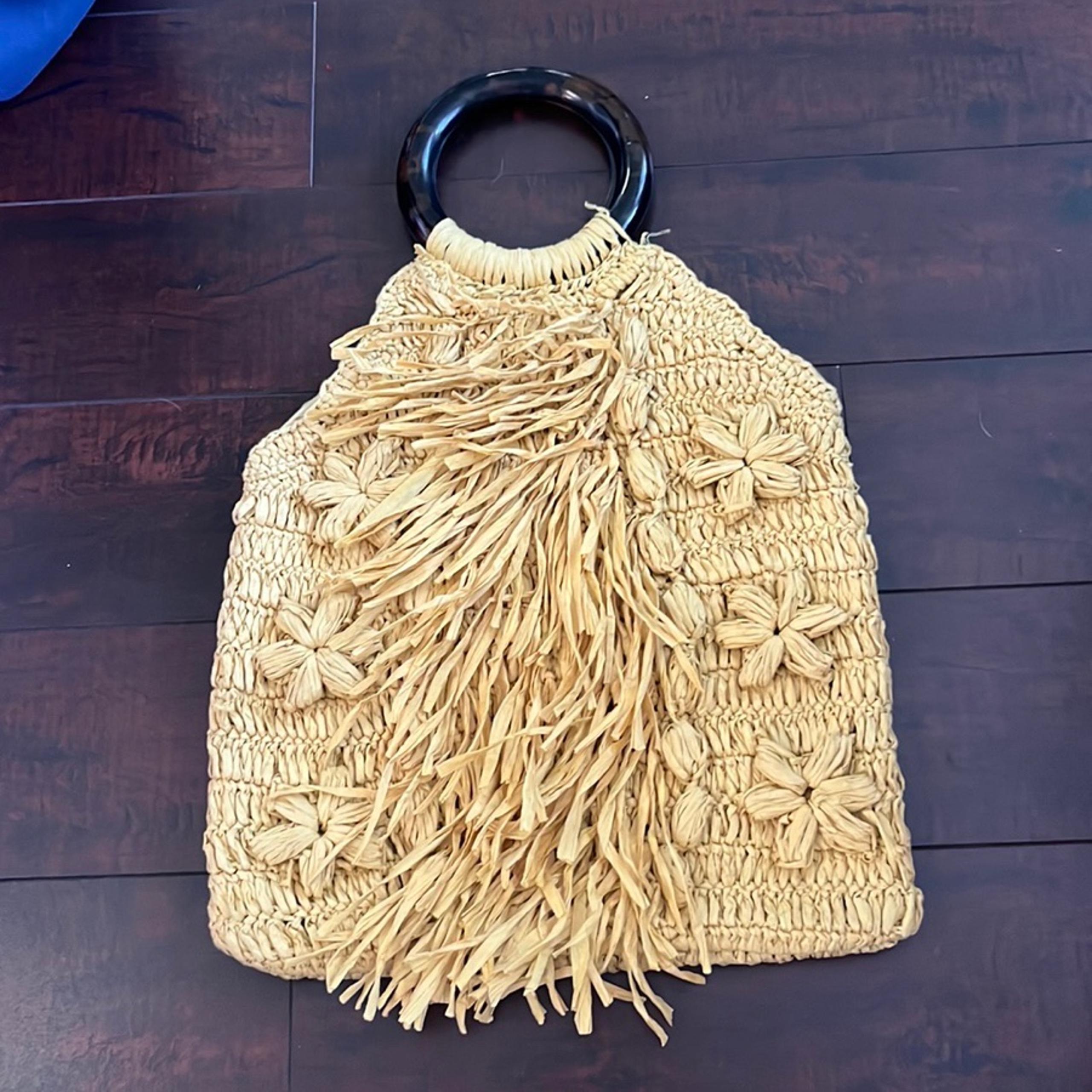 Anthropologie Raffia Woven Tortoise Plastic Handle Bag