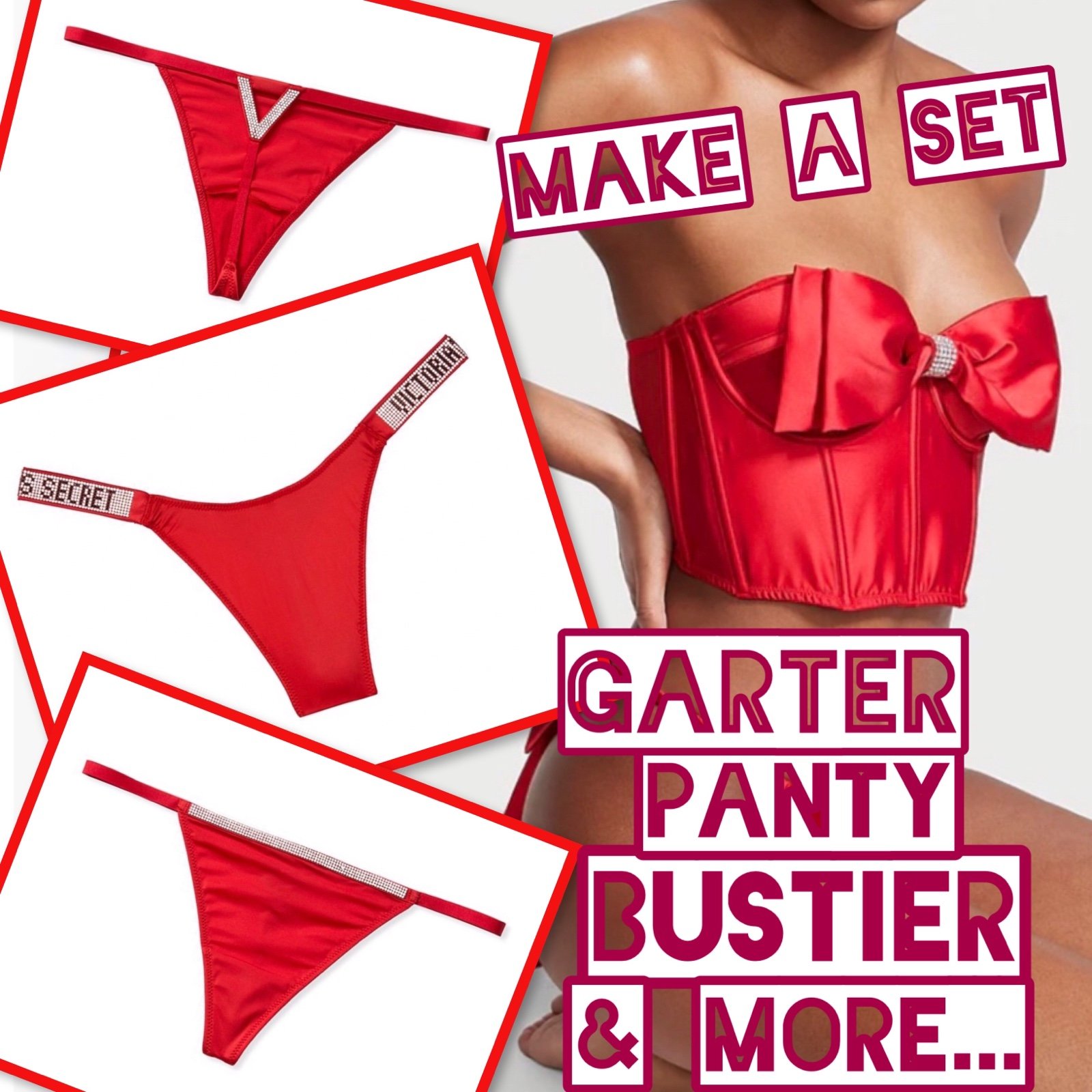 Victoria Secret red bustier corset top bow diamond rhinestone Valentine lingerie
