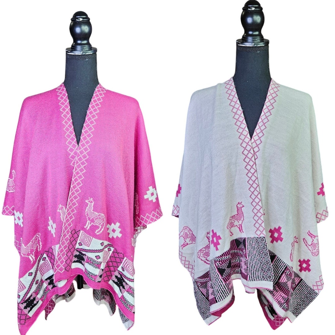 Alpaca Aztec Print Peruvian Pink Knitted Shawl Poncho CoverUp Sweater Reversible