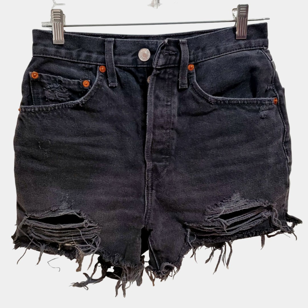 RE/DONE Originals 50s Cut Off Shorts Destroyed Shadow Black Button Fly 26 195
