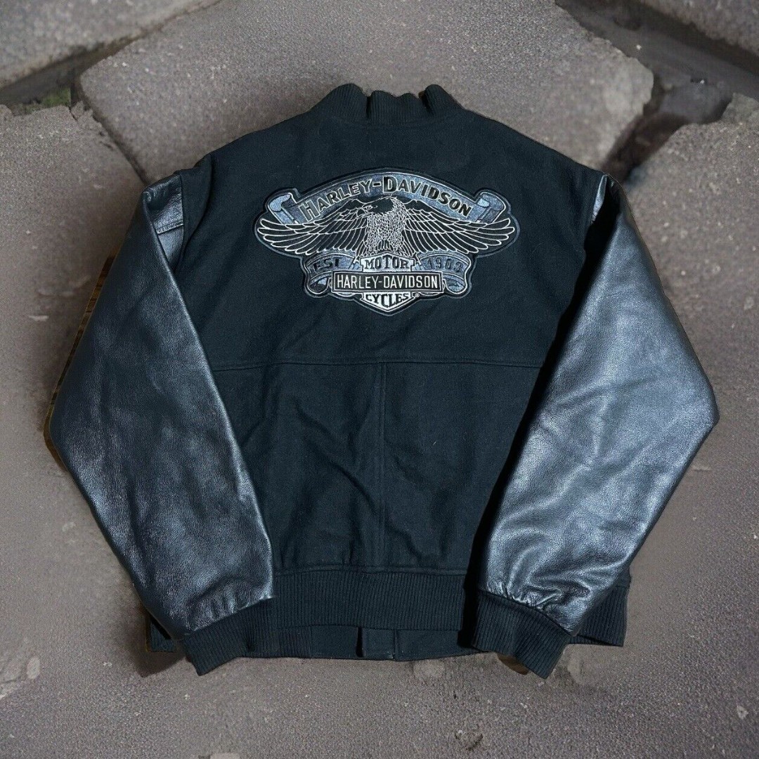 Vtg Harley Davidson Merino Wool Leather Varsity Biker Jacket Black Men's Large