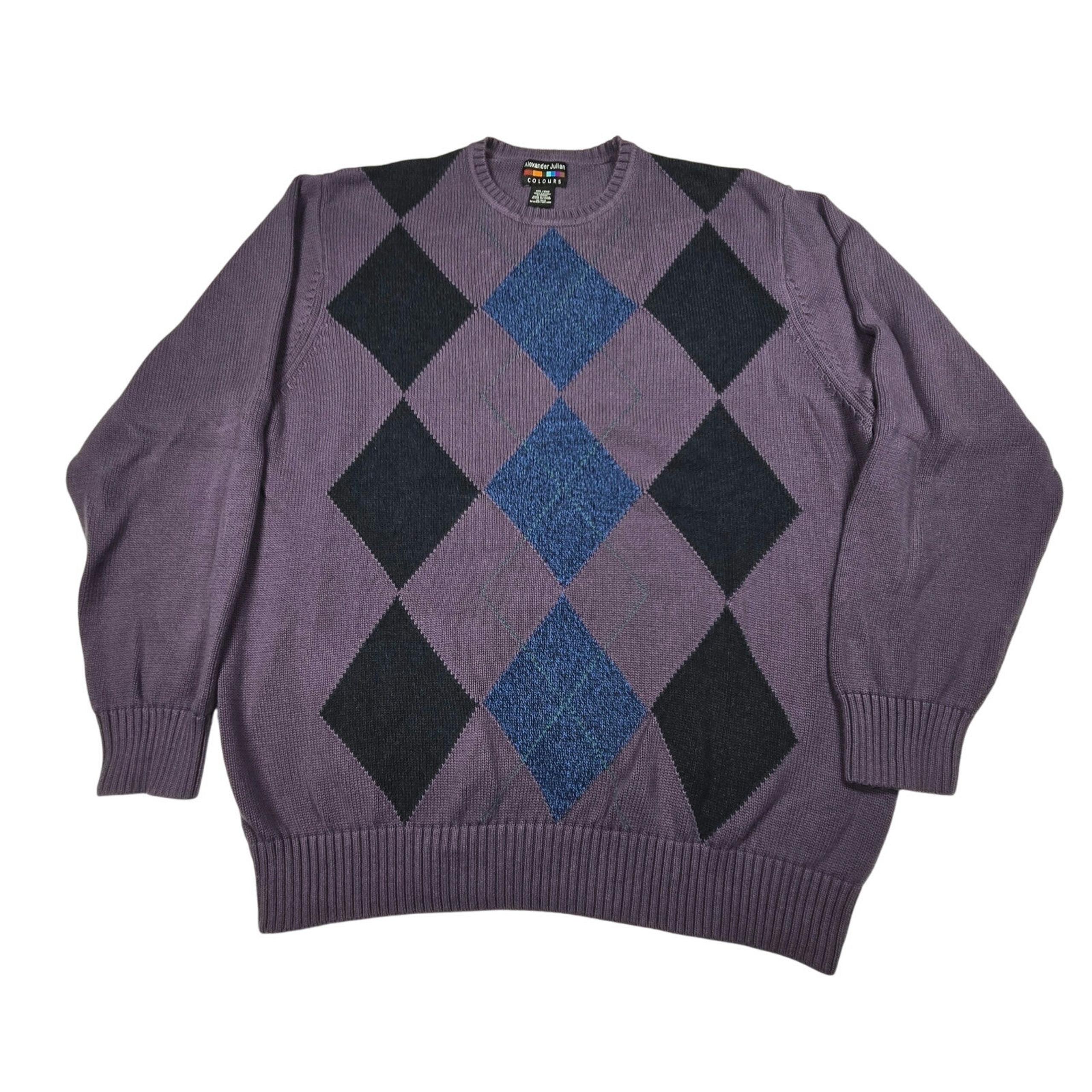 Alexander Julian Colours Argyle Sweater Men’s 2XL 100% Cotton Purple Blue