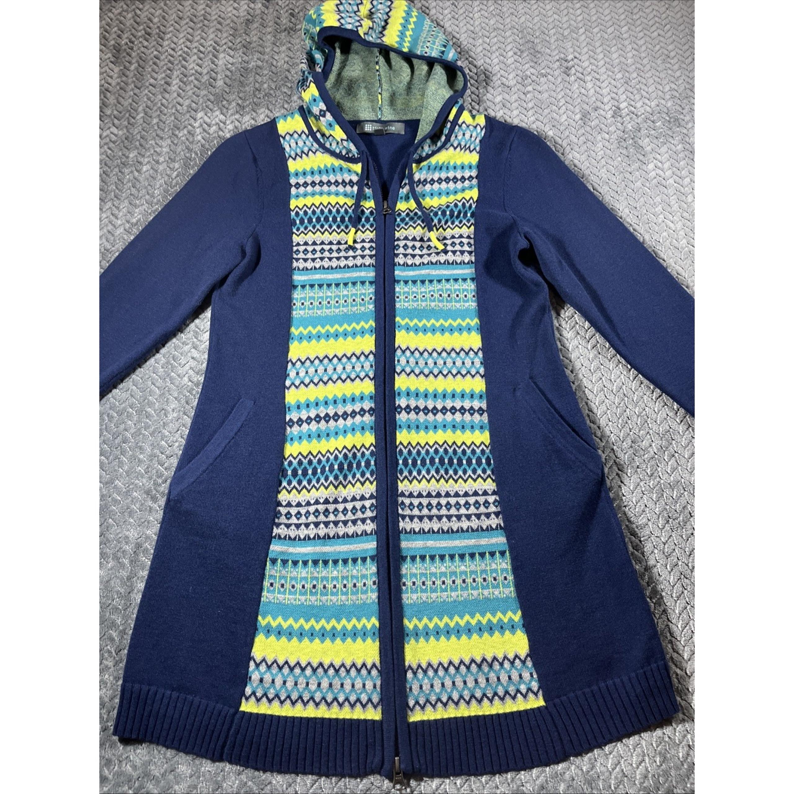 Title Nine Sweater Dress Medium Full Zip Fine Merino Wool Aztec Blue Hooded