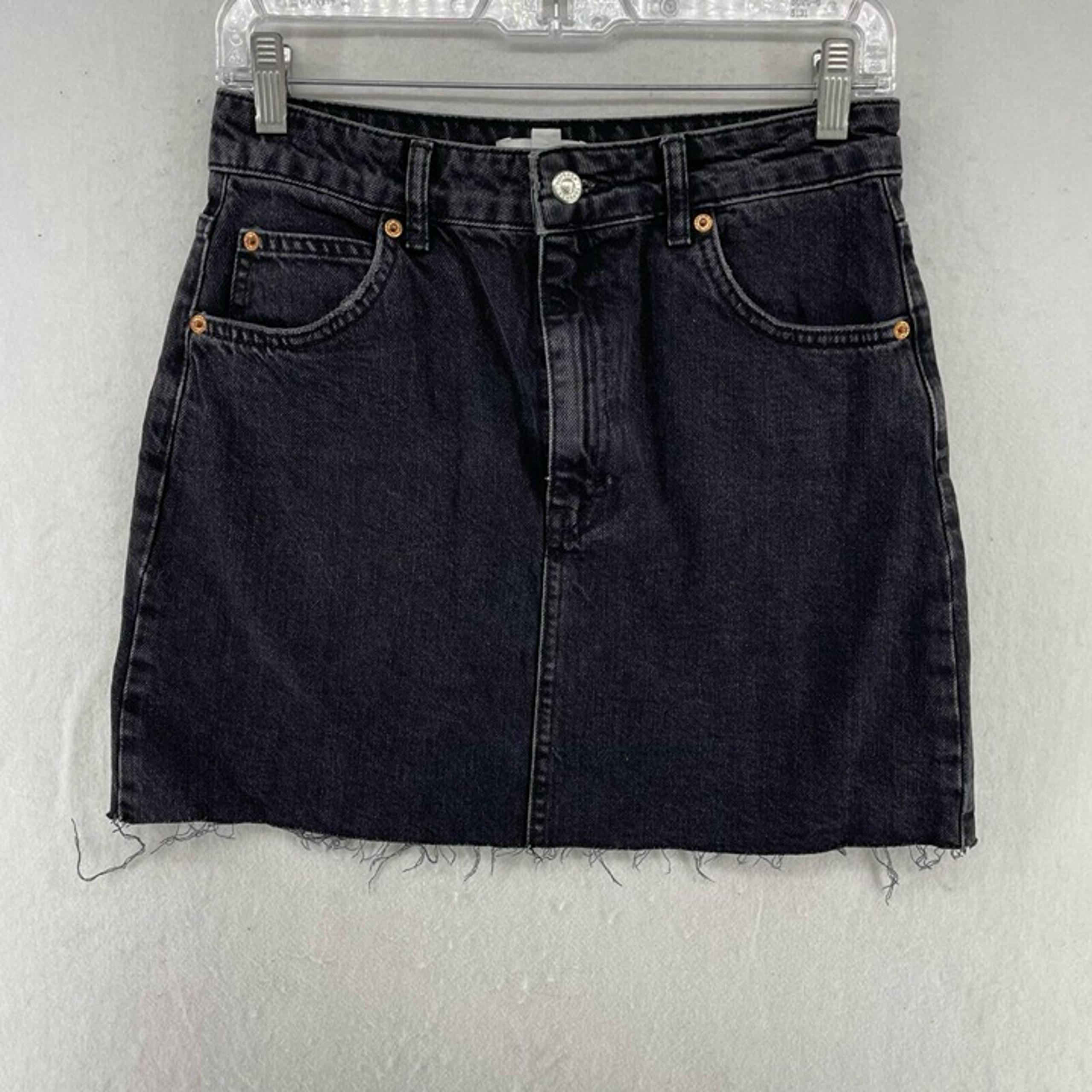 Topshop A Line Mini Skirt Sz 6 Black Button Pockets 100% Cotton Denim Raw Hem