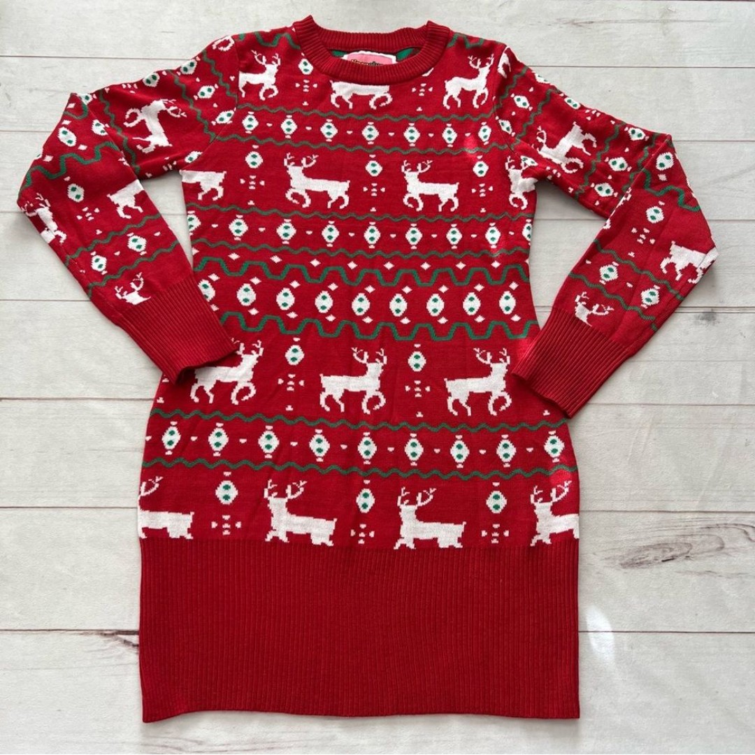 Tipsy Elves Womens Fair Isle knit red reindeer sweater dress Size S