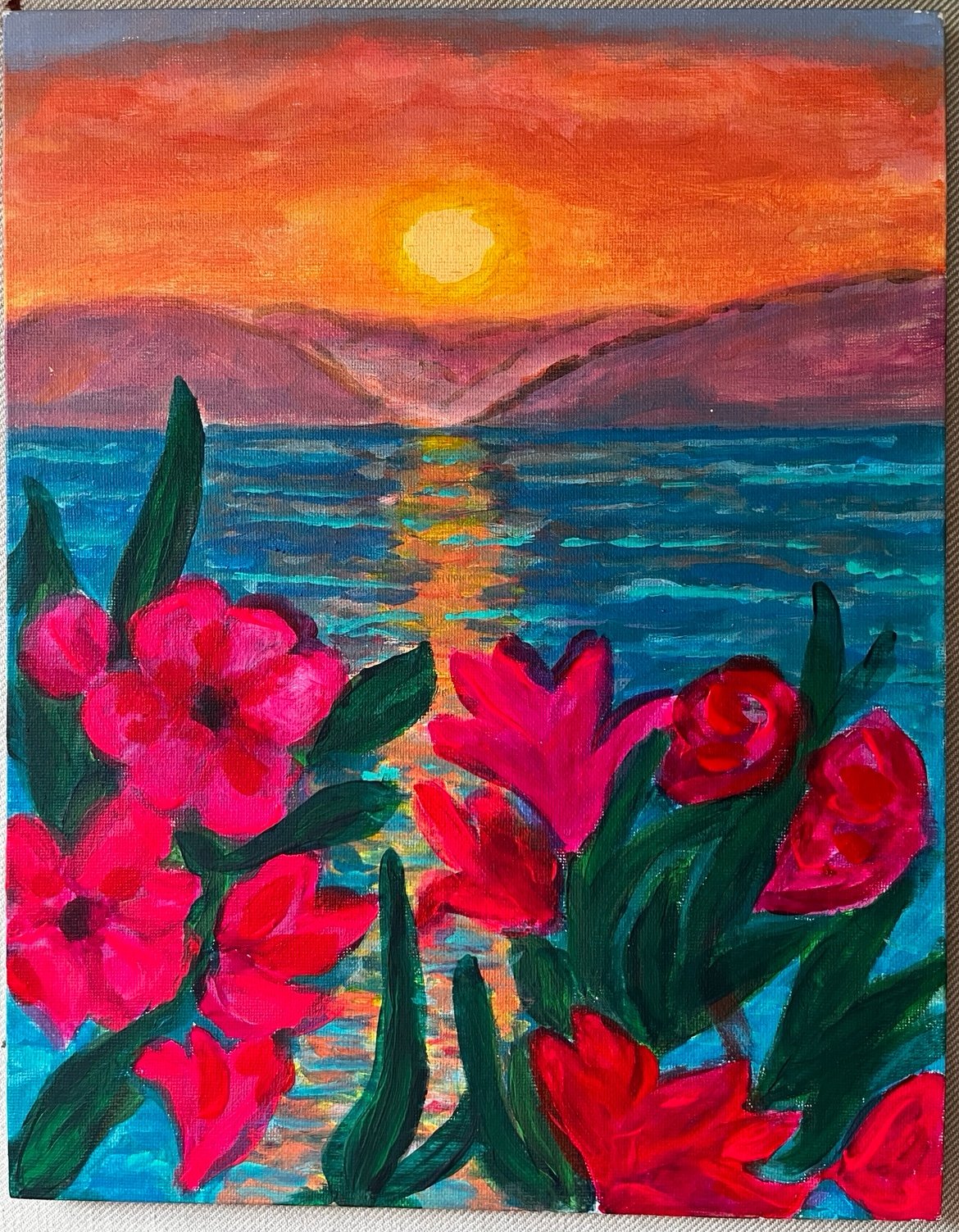 Original #hibiscus #Sunset #mountain #scenery #painting 11x14