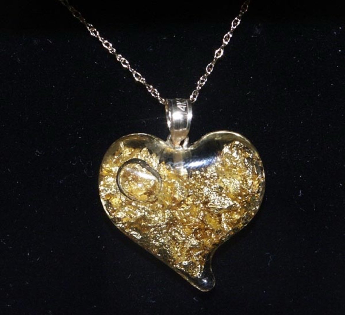 Vintage Floating 14k Gold Flakes Witches Heart Glass Pendant