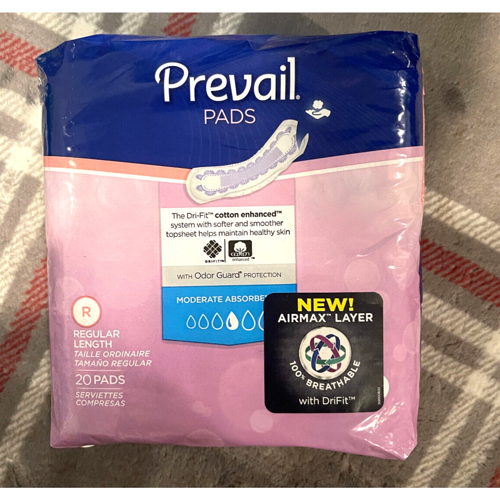 New Prevail Daily Pads Moderate Absorbency Regular Length Dri-Fit 20 Count