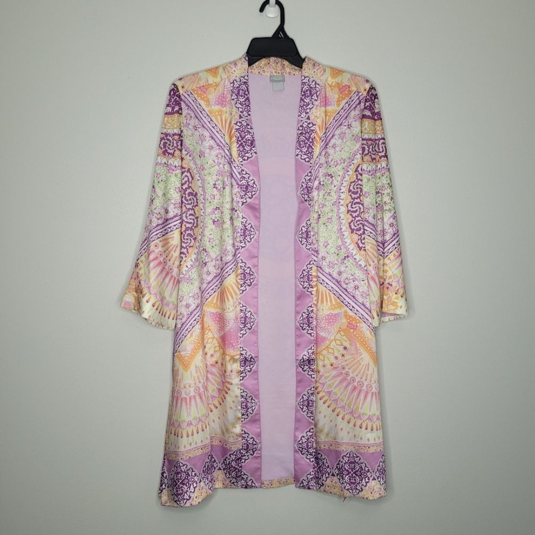 Chico’s pink purple satin boho open front kimono robe pastel size 16/18