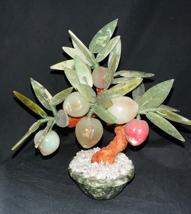 Vintage Hand-Carved Jade & Stone Bonsai Tree With Peaches Black Marble Bowl 7x6