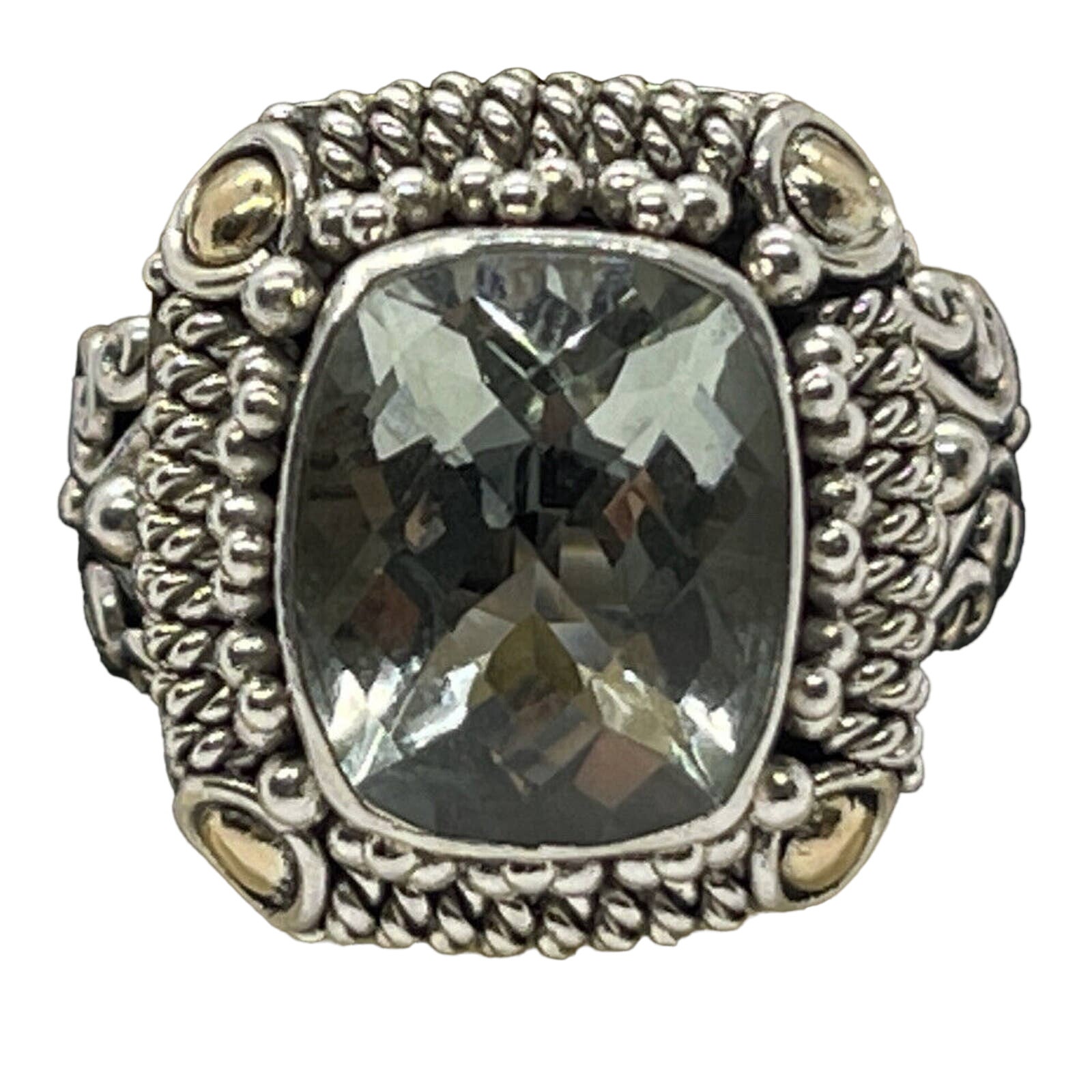 18k Yellow Gold & Sterling Silver Ring 925 Size 6 Bali Green Quartz Suarti 1547