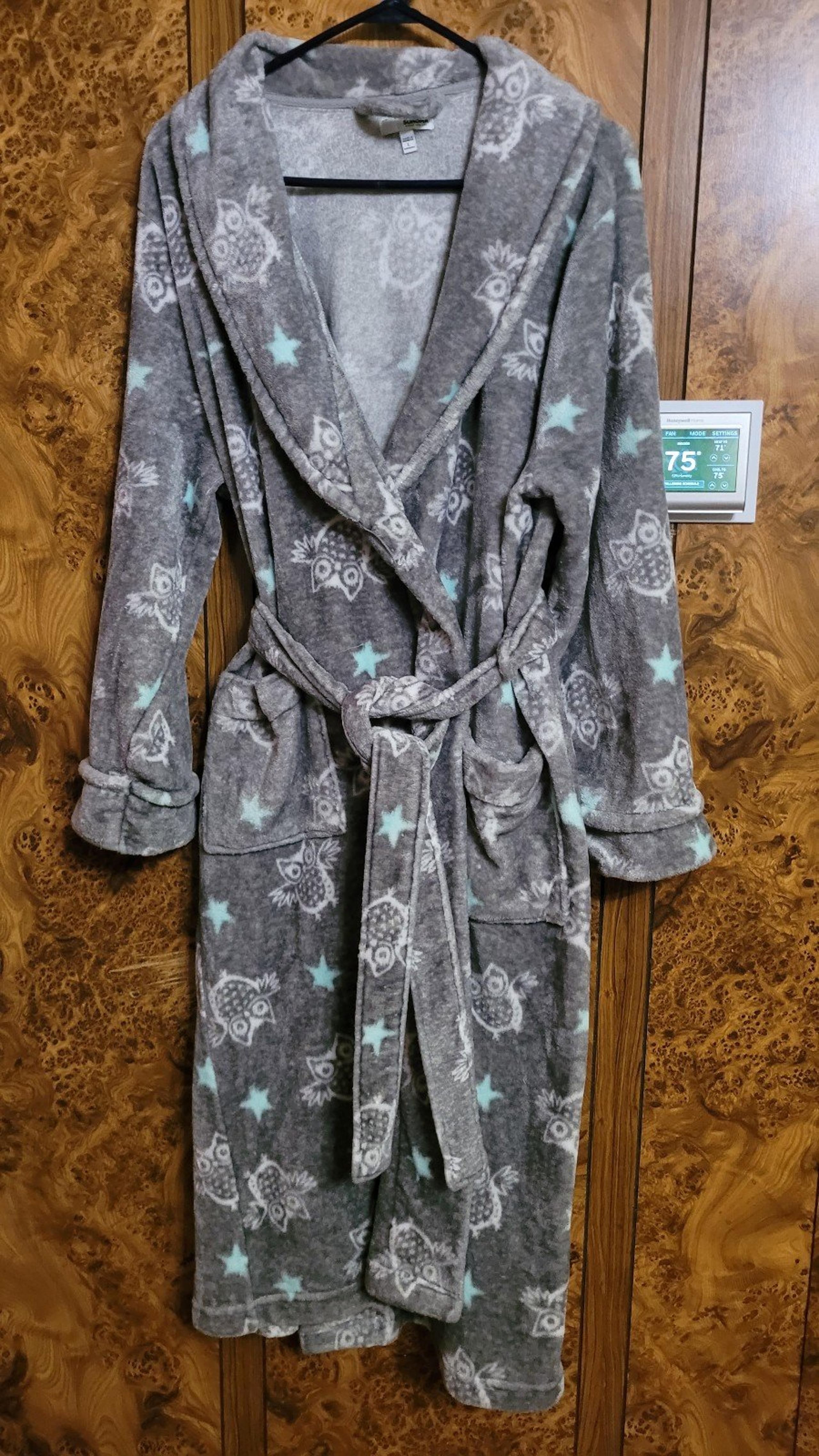 SONOMA women's long slv owl robe plush fleece knee lngth pockets tie belt Grey L