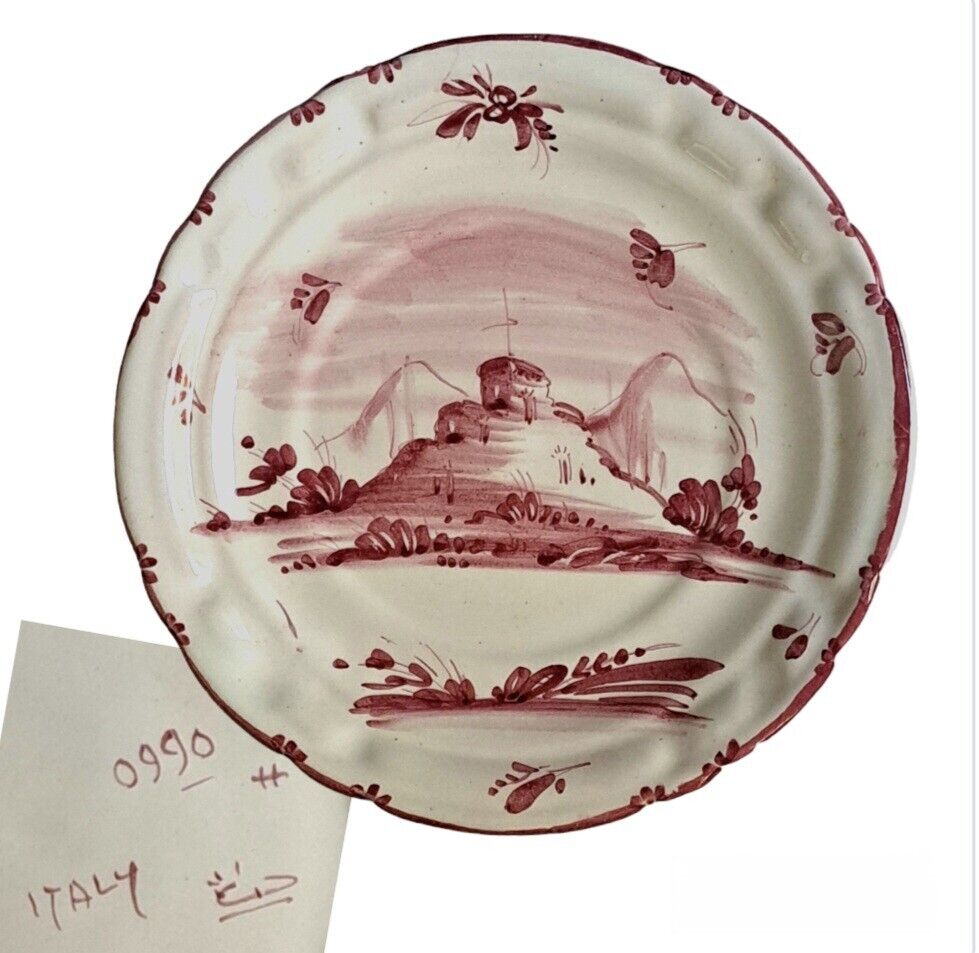 Vintage Pink Lusterware Plate 6 3/8 W/Scenic View Scallop Designed Italy Signed