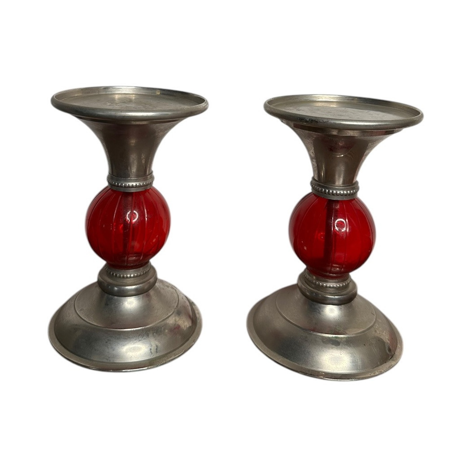Vtg Marta Stewart Living 6 Deep Red Bead Silver Pillar Candle Holder Pair 2005