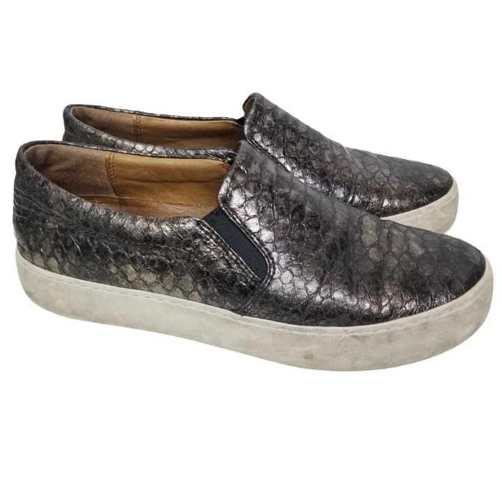Frye Womens 7.5M Gray Snakeskin Metallic Leather Slip On Sneaker Shoes 3471291