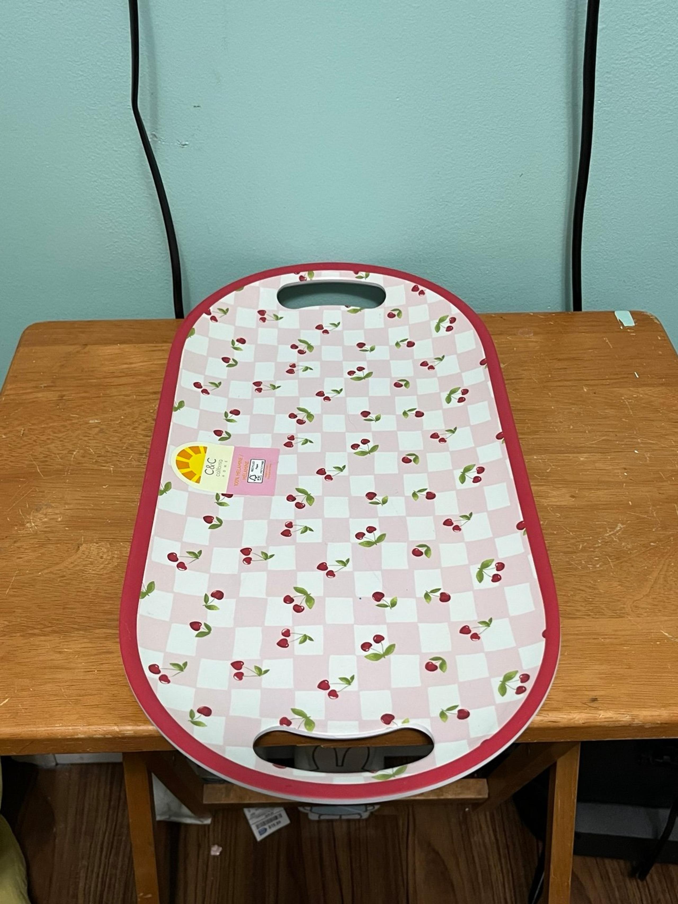 ❤️FREE- READ PINK AND WHITE CHECKERED SERVING TRAY WITH CHERRIES AND RED TRIM