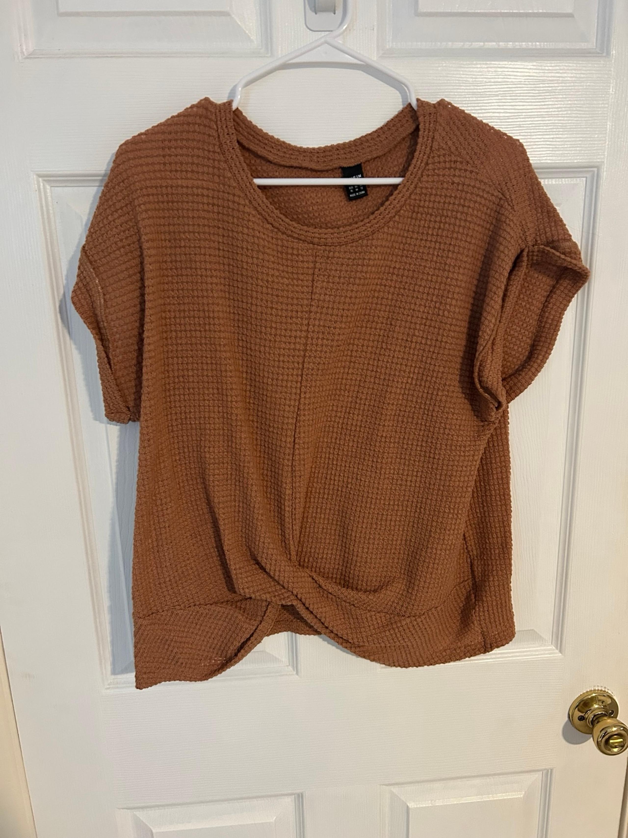 Shein Brown Tan Waffle Knit Short Sleeve Shirt Womens Size XL