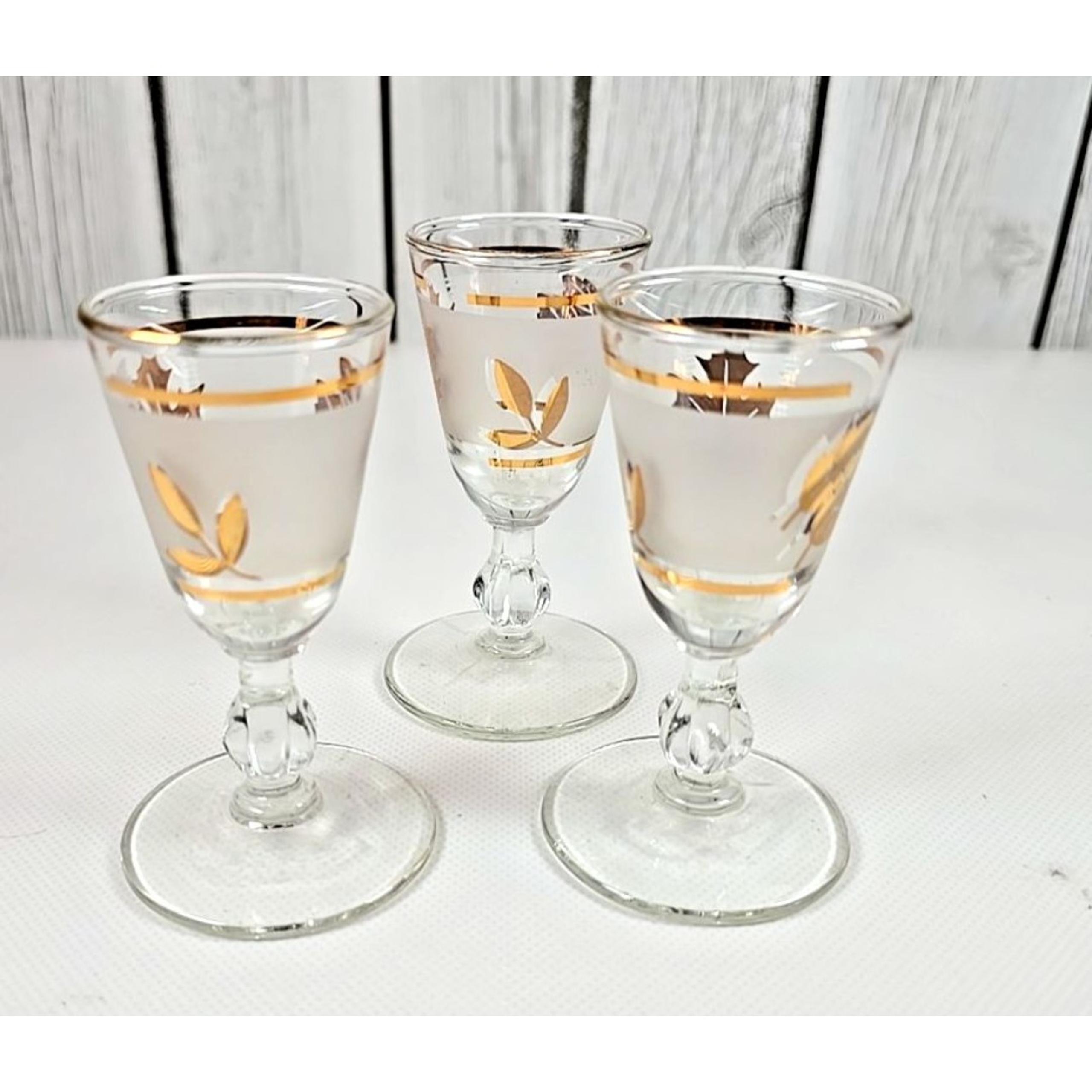 3 VTG MCM Libbey Golden Foliage Leaf Cordial Shot Glasses 1960s Mid Century Gold