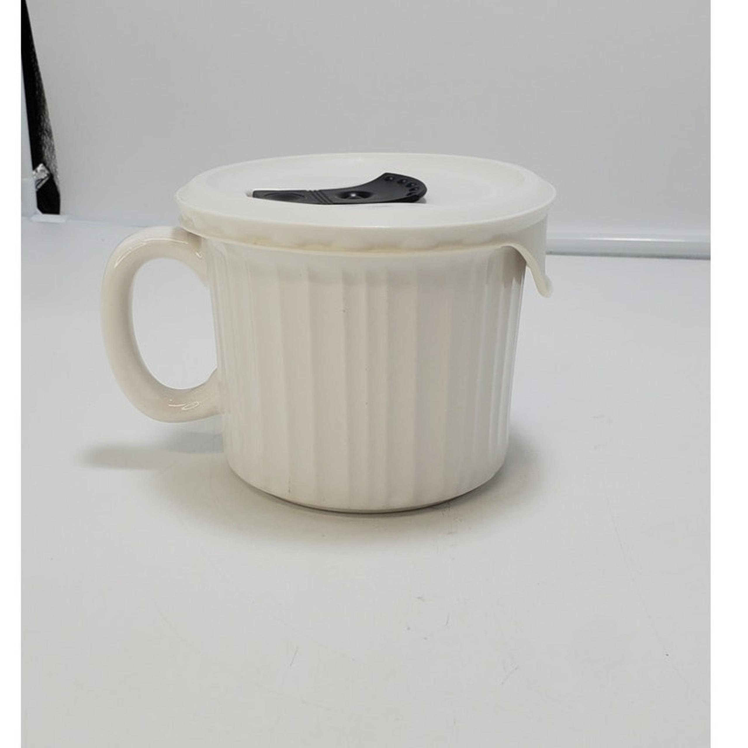 Corning Ware French White 20 oz Soup Mug w/Plastic Vented Lid Stoneware