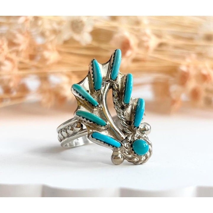 Southwest Style Bouquet Shaped Turquoise Rope Sterling Silver Vintage Ring sz 8