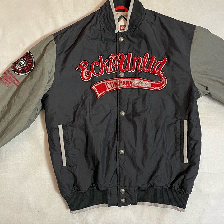 New Ecko Unltd Grey Red Embroidered Bomber Jacket Size M