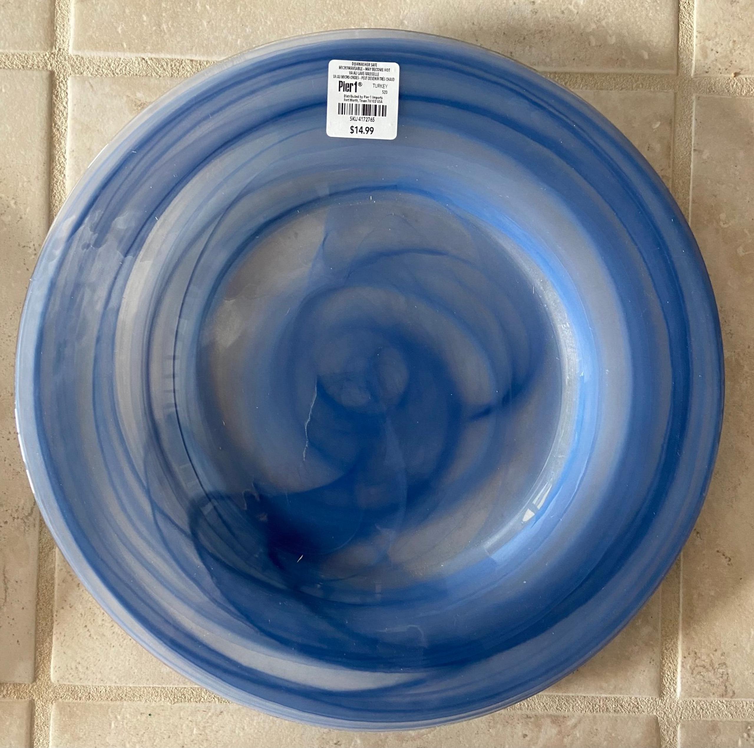 Pier One Blue Swirl Alabaster Glass Charger Plates- Set of 2 plates - New 13”