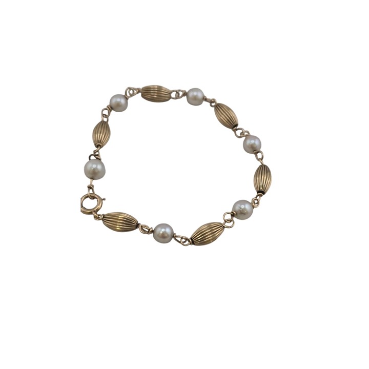 Vintage 14kt Fluted Gold Beads and 8mm Pearl Bracelet (A1653)