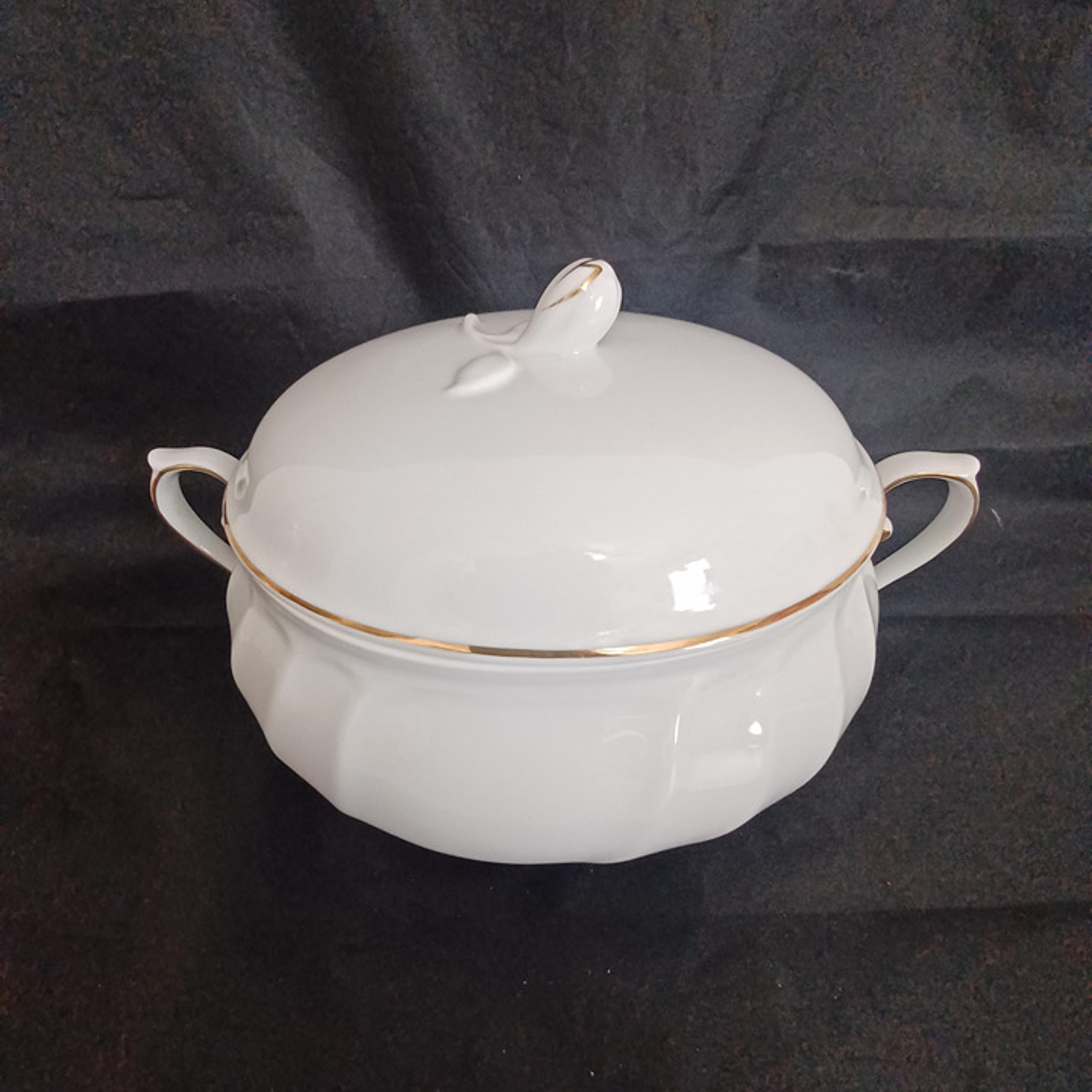 Mikasa Wedding Band Gold Fine White China Soup Terrain Serving Bowl Lid L9709