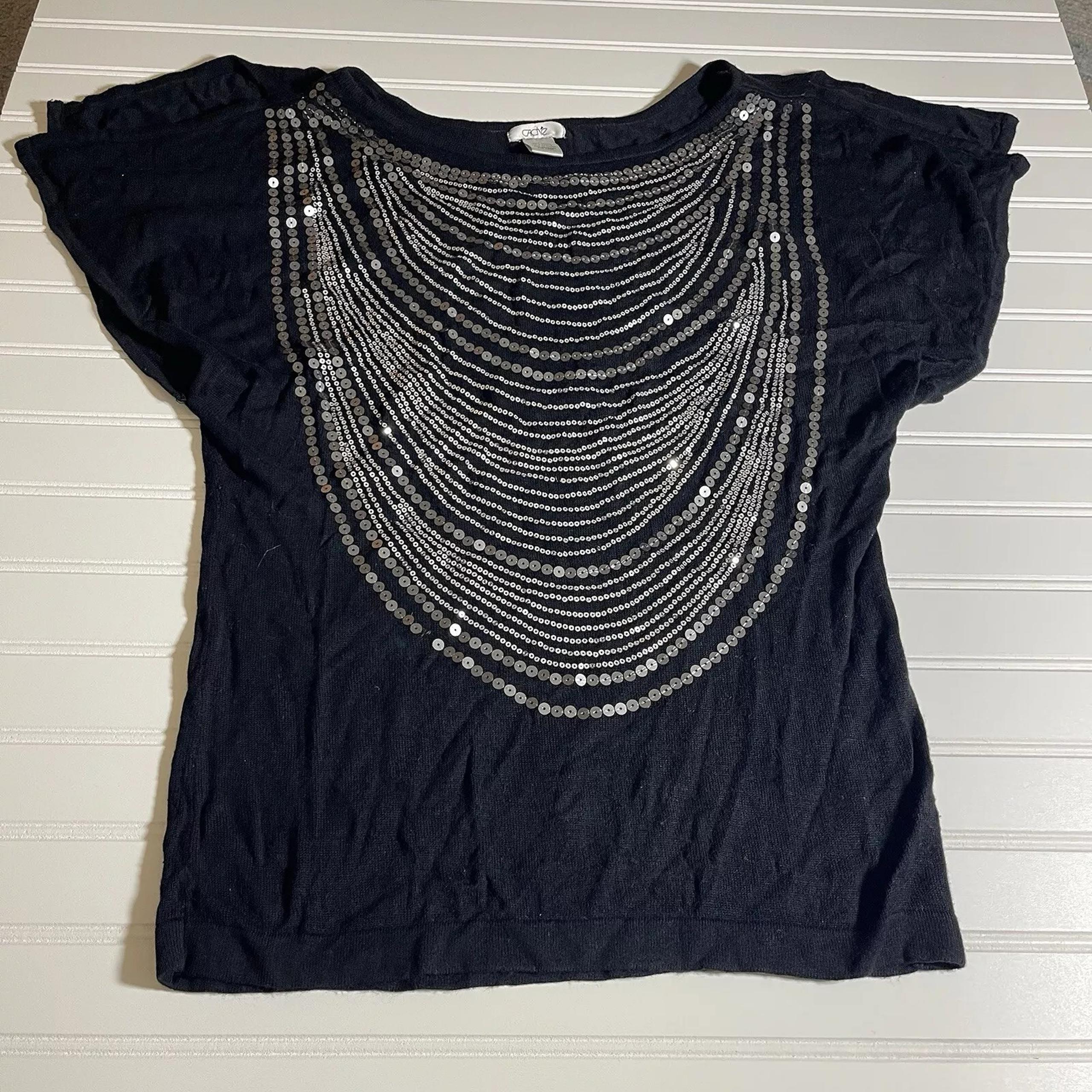 Cache Sheer Beaded Blouse Top Black Sz L 100% Rayon