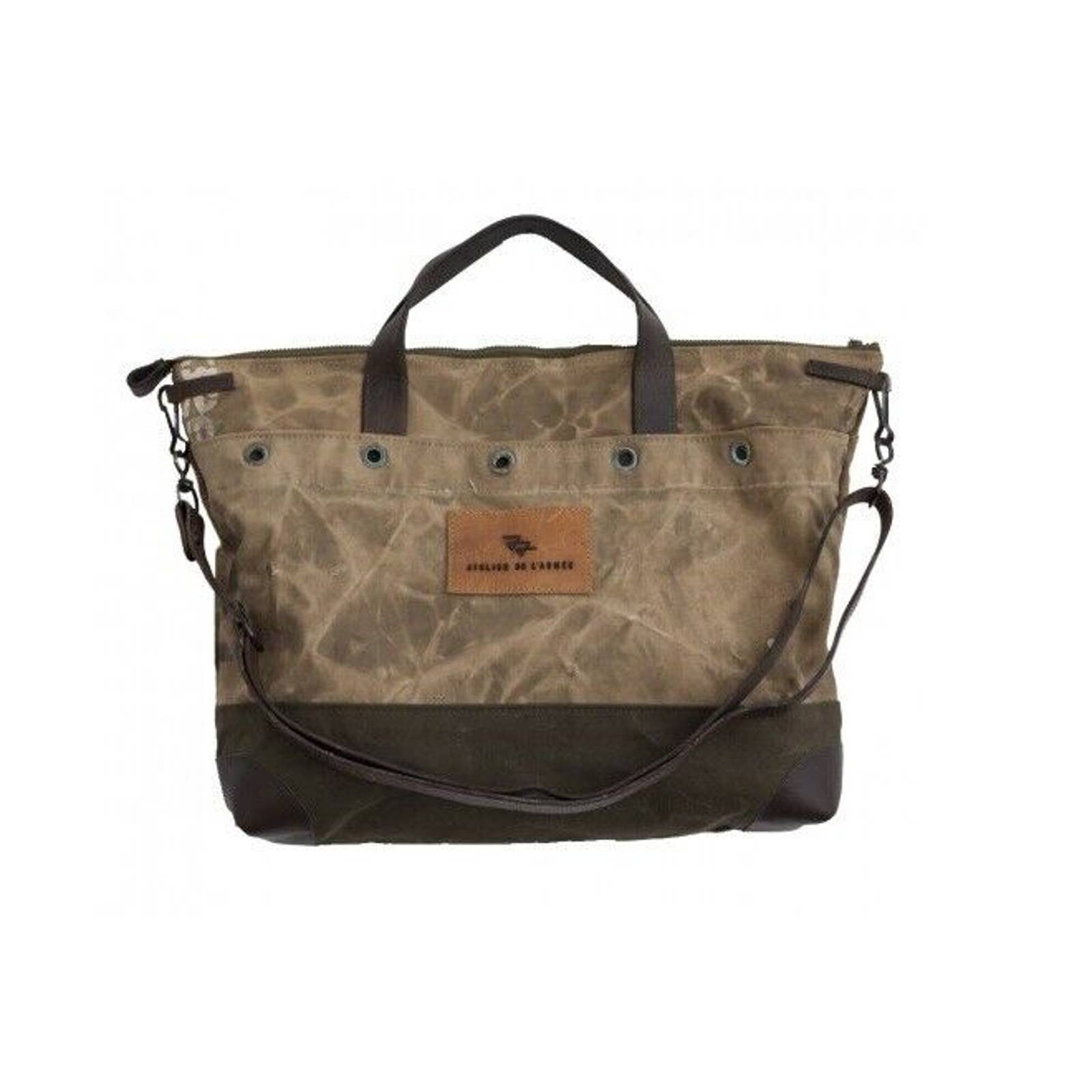 Atelier de L'Armee Brown Canvas Leather Crossbody Tote Bag Distressed