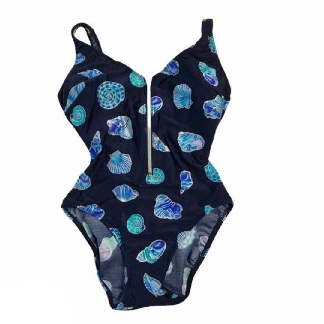 Vintage Swimsuit‎ Seashells One Piece Zipper Front Blue Teal Low Back Retro