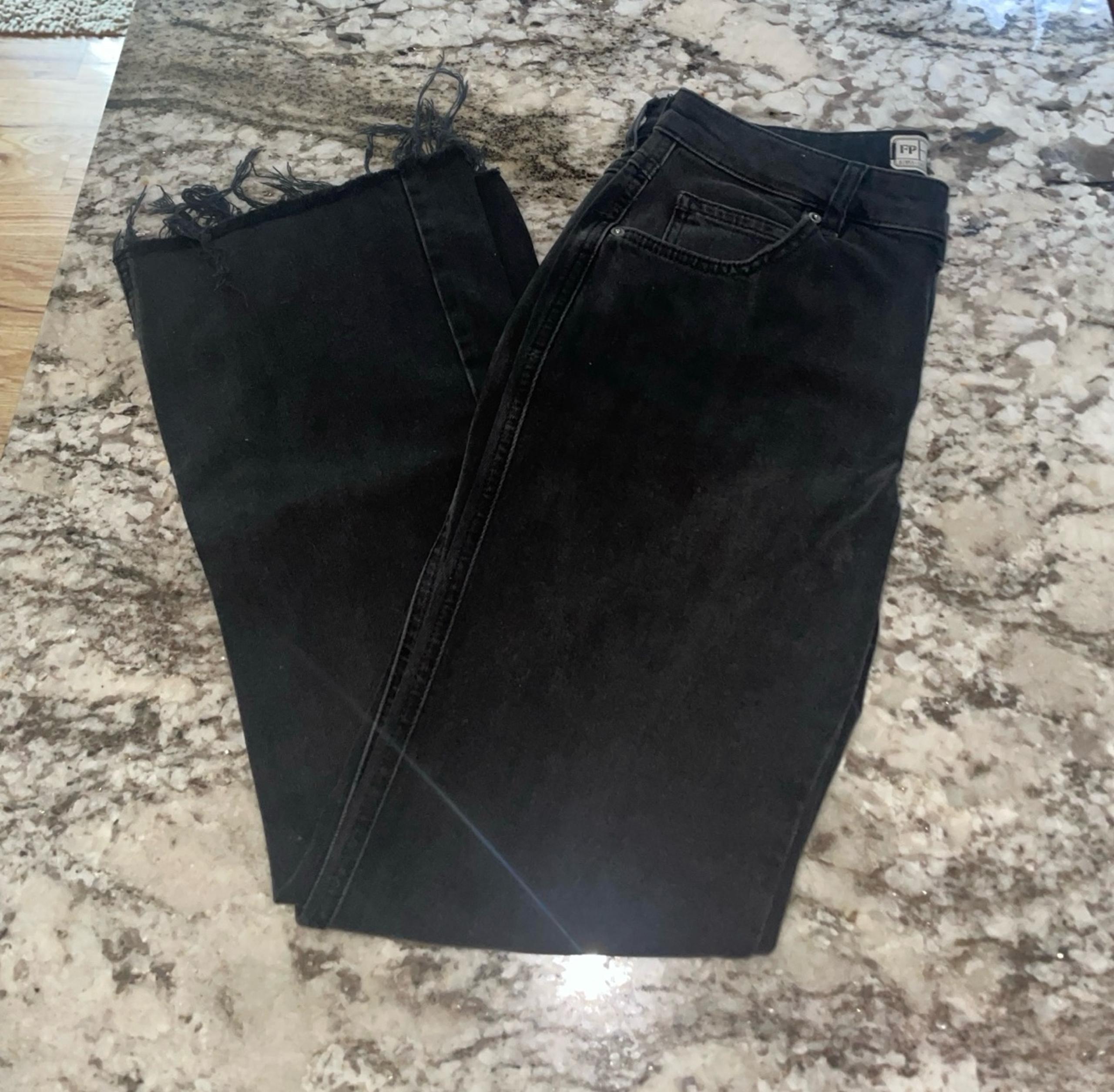 Free People Cropped Black Denim Fitted Flare Jeans