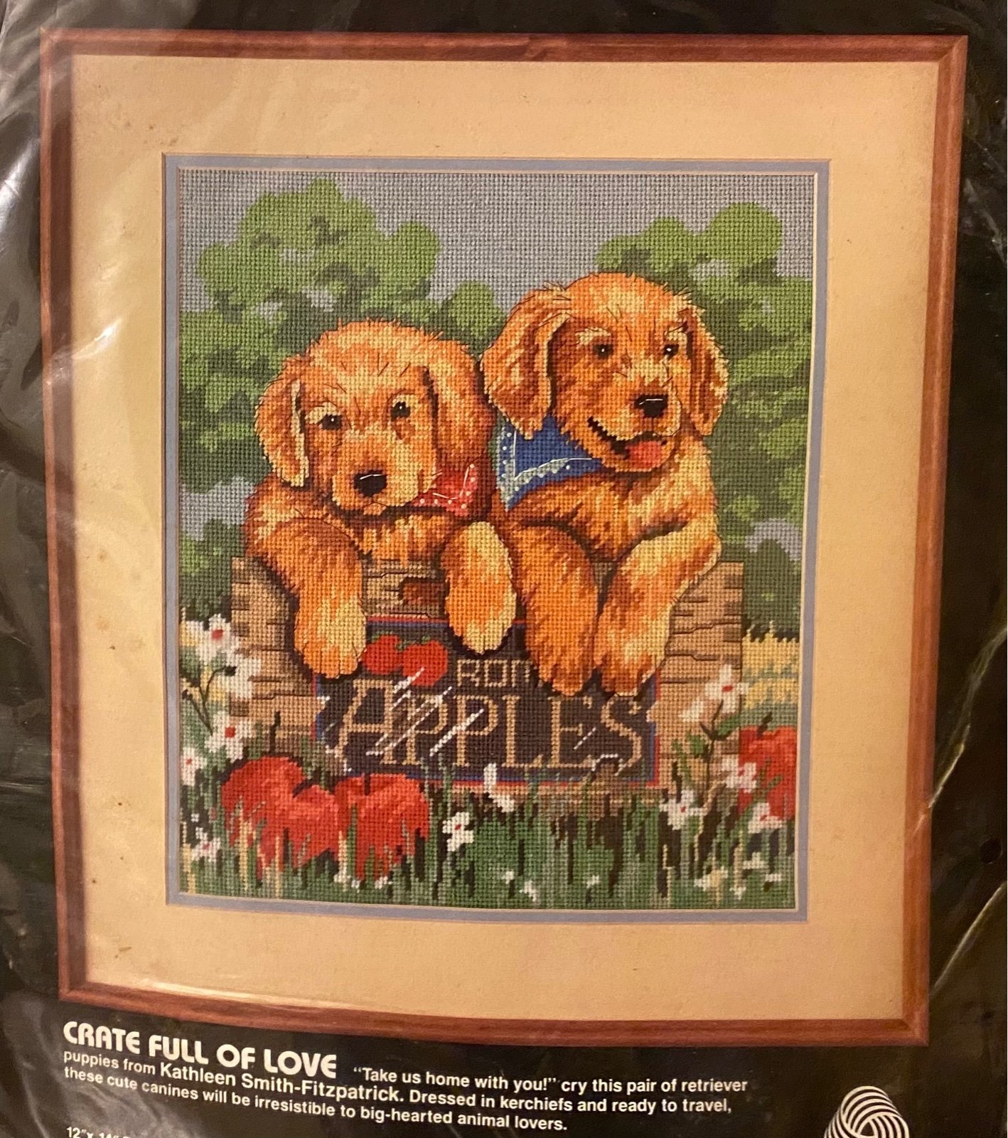 Vtg 1990 Dimensions Needlepoint Kit “Crate Full of Love” Puppies & Apples #2371