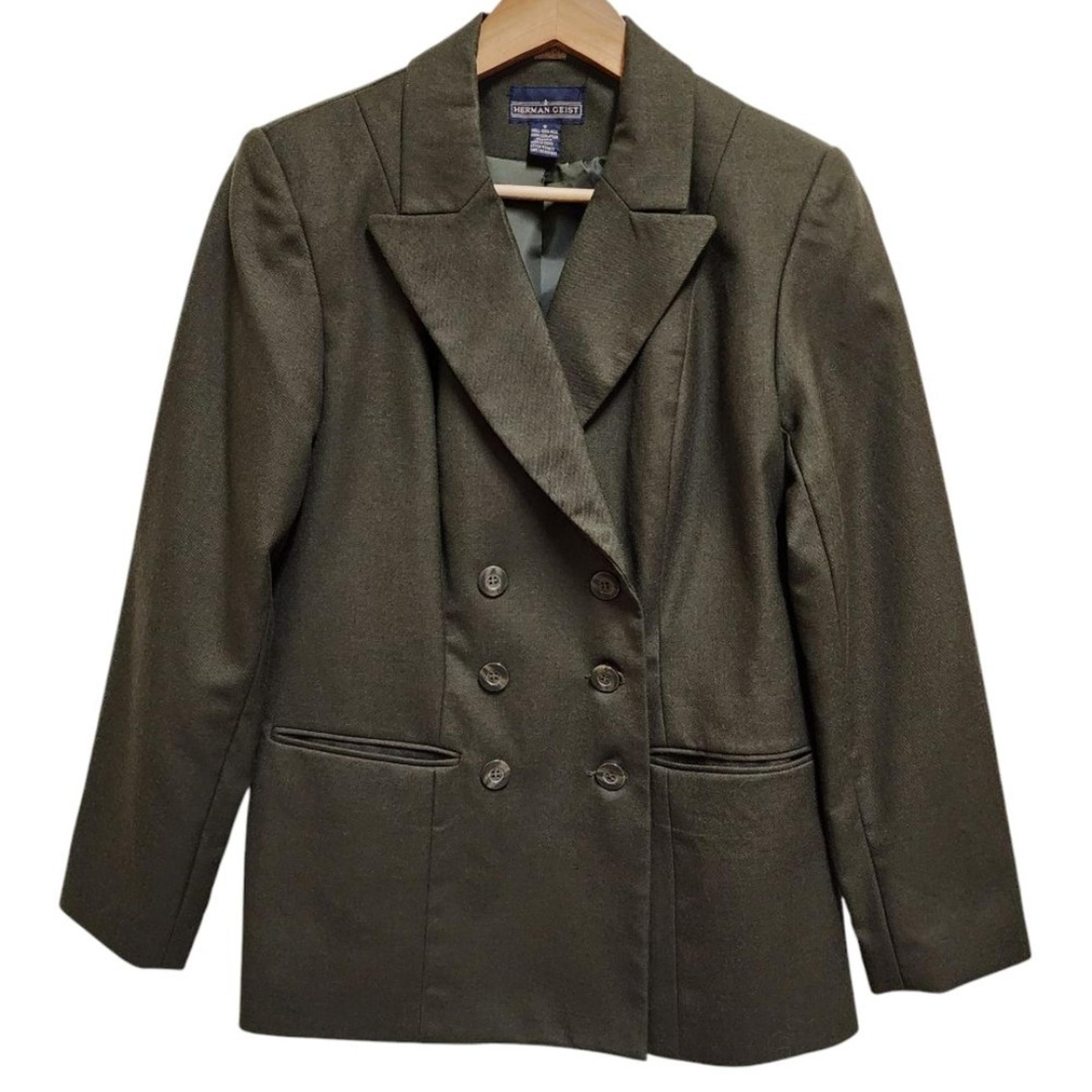 Herman Geist Blazer Women 6 Olive Wool Double-Breasted Long Sleeve Lined Classic