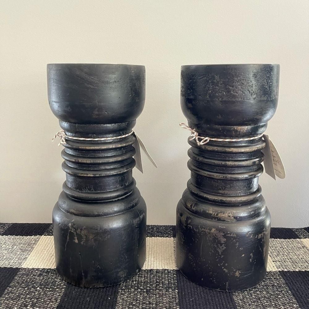 Two Distressed Solid Wood Black Candle Holders