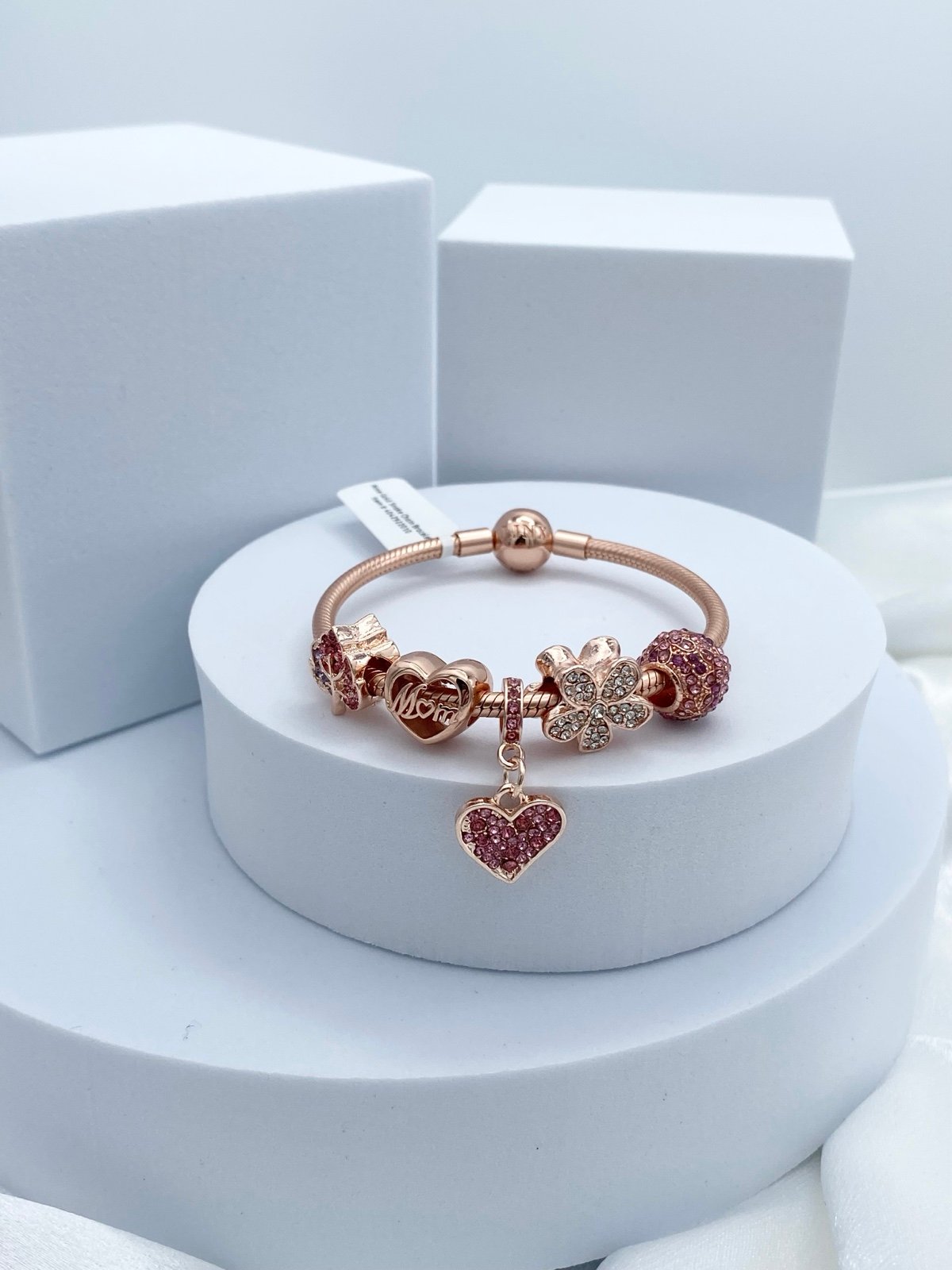Linx Rose Gold Snake Chain Bracelet with Clear and Pink Zircon Themed Charms