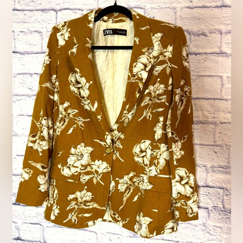 Zara Women's linen Floral Blazer - Brown and White