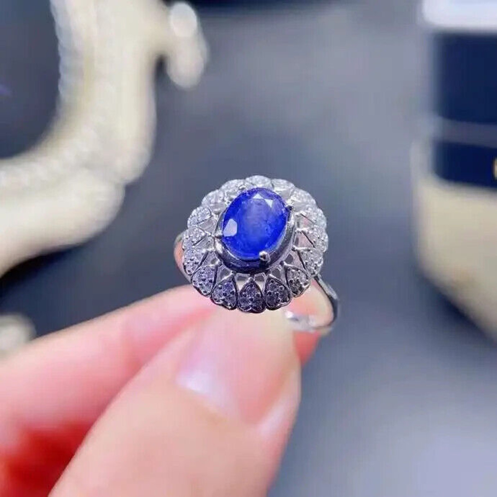 Natural Sapphire Gemstone Ring 6x8mm, Genuine Sapphire Cocktail Ring