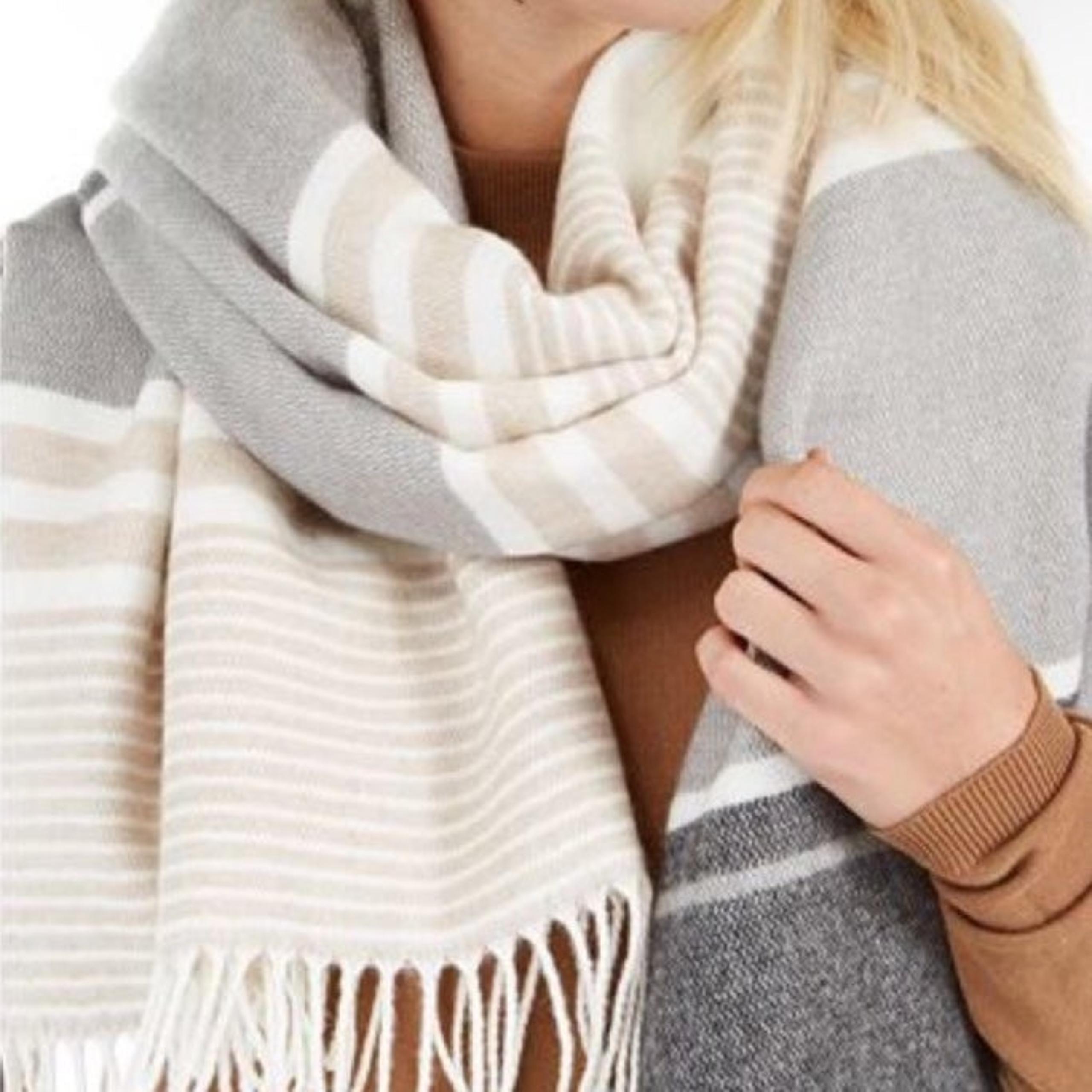(OS) Calvin Klein Blanket Scarf Fringe Neutral Taupe Tan Beige Gray Stripe White