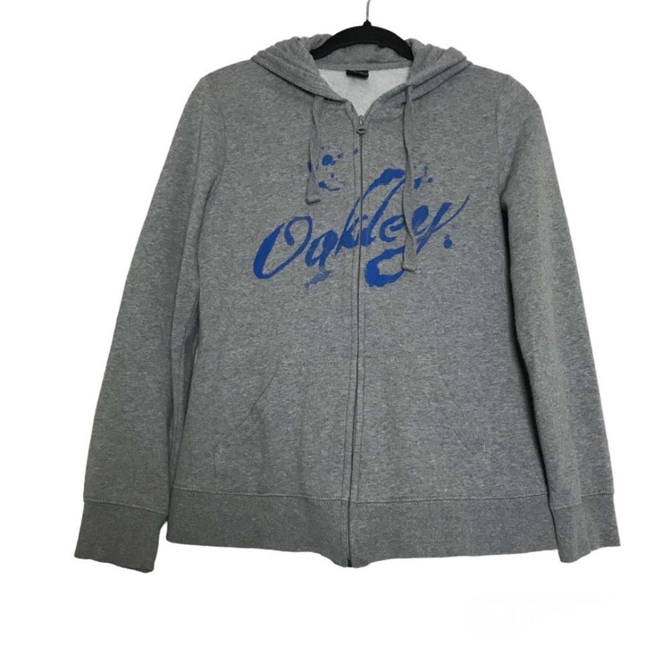 Oakley Gray Blue Logo Spell Out Graphic Full Zip Front Pockets Hoodie Mens Sz M