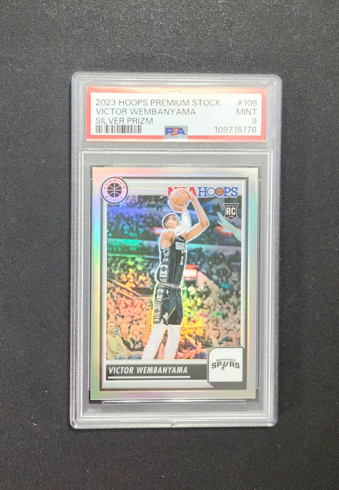 PSA Graded 9 Mint 2023 Hoops Premium Stock Victor Wembanyama Silver Prizm Rookie