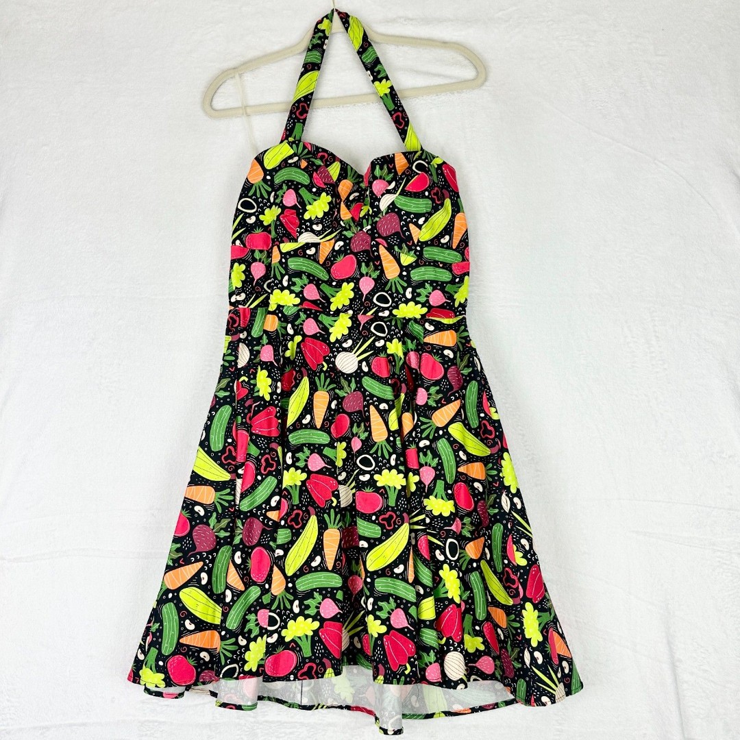 Eva Rose Halter Vegetable Dress Size Large NWT Fit & Flare Novelty Pockets