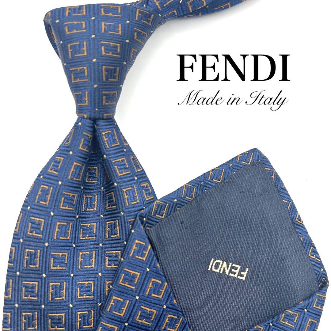 【Excellent Condition】 FENDI Tie, Zucca Pattern, Navy and Yellow