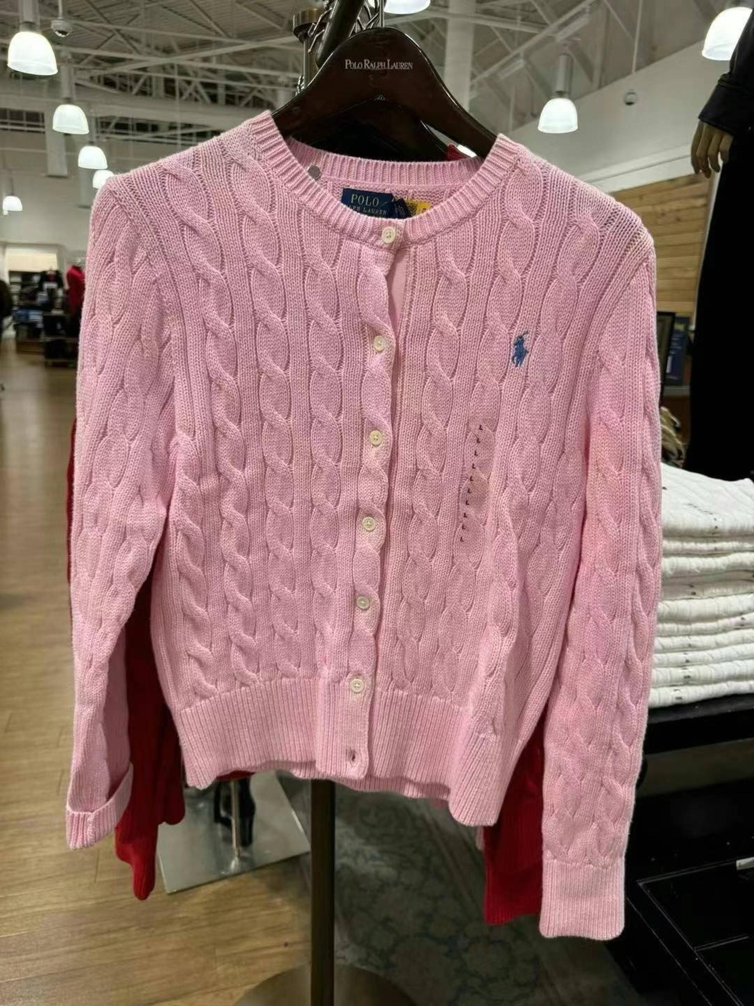 NEW Polo Ralph Lauren Women 100% Cotton Cable Knit Cardigan Sweater Pink Medium