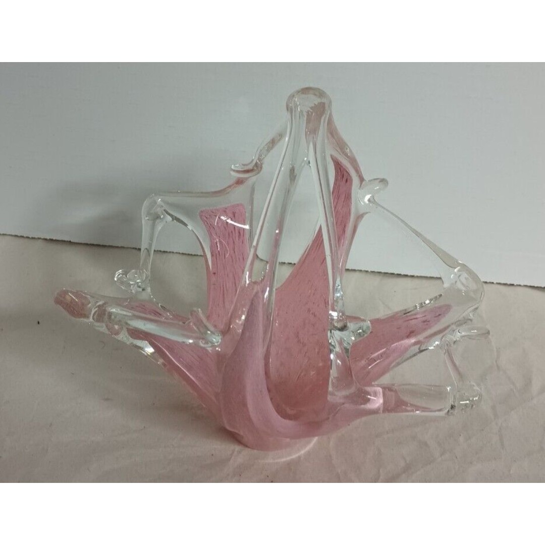 MURANO Crystal Clear Art Glass Basket Pink