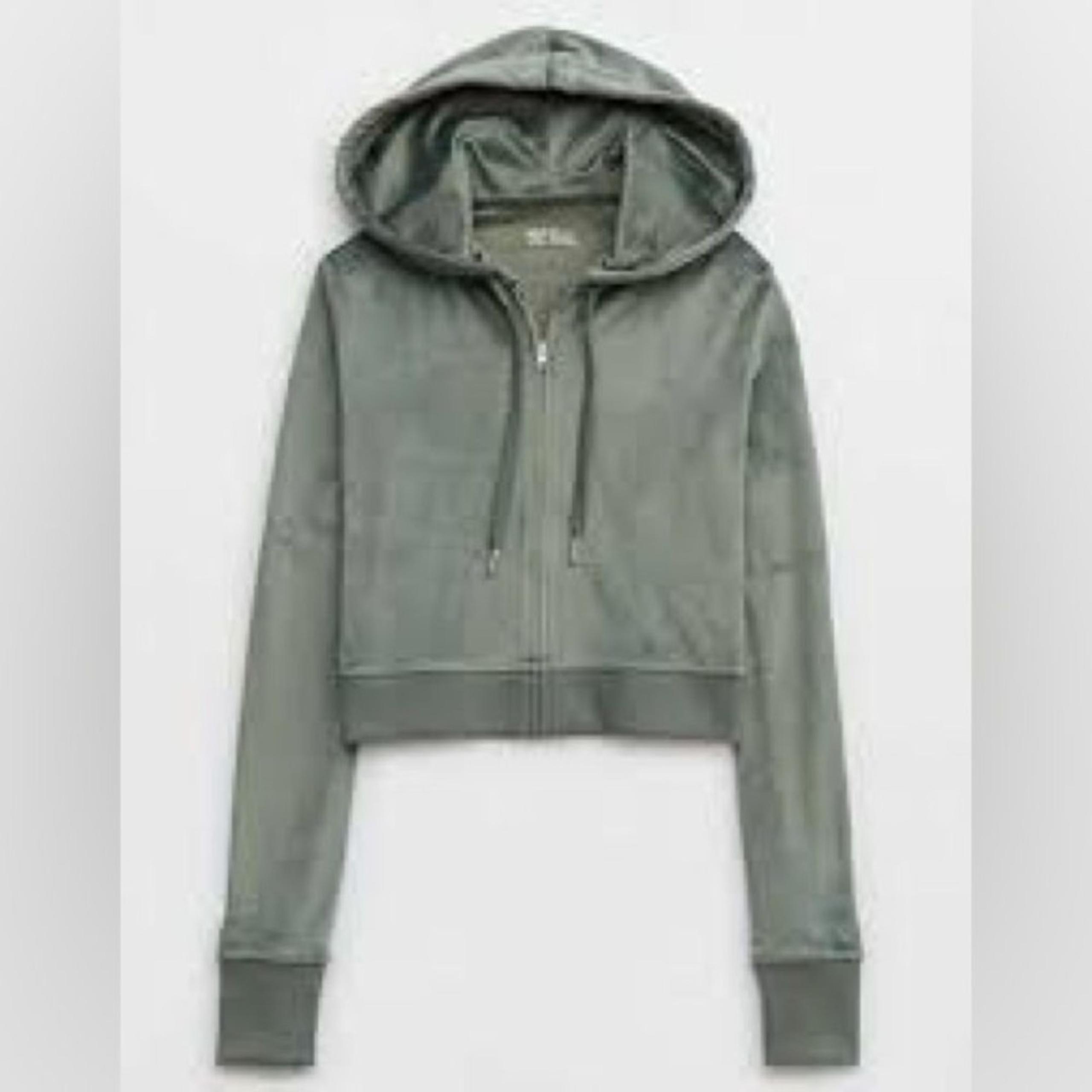 Aerie Dreamy Velour Cropped Green Hoodie Sz Large