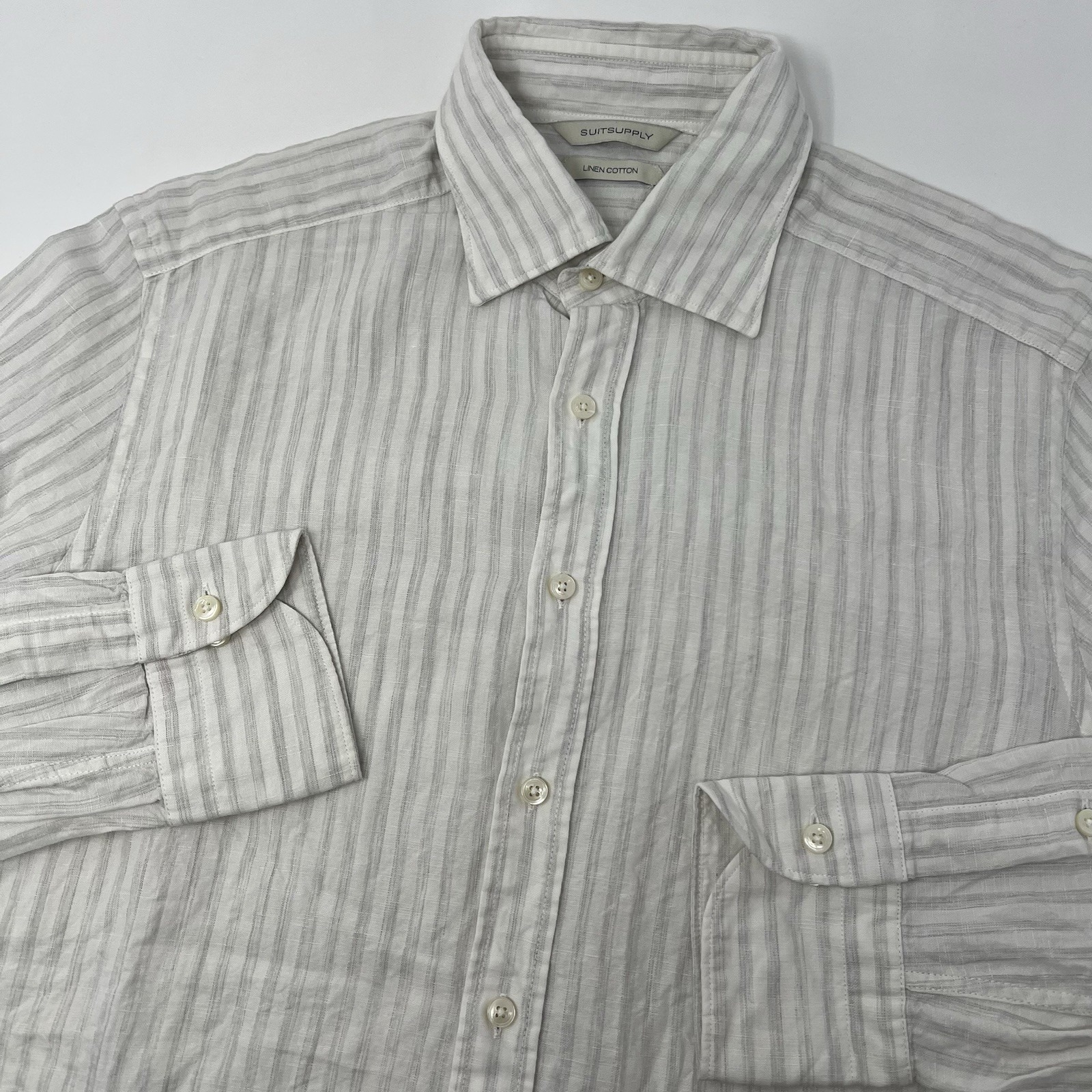 SuitSupply Shirt 38/15 Linen Cotton White Gray Thin Striped Button Up Slim Fit