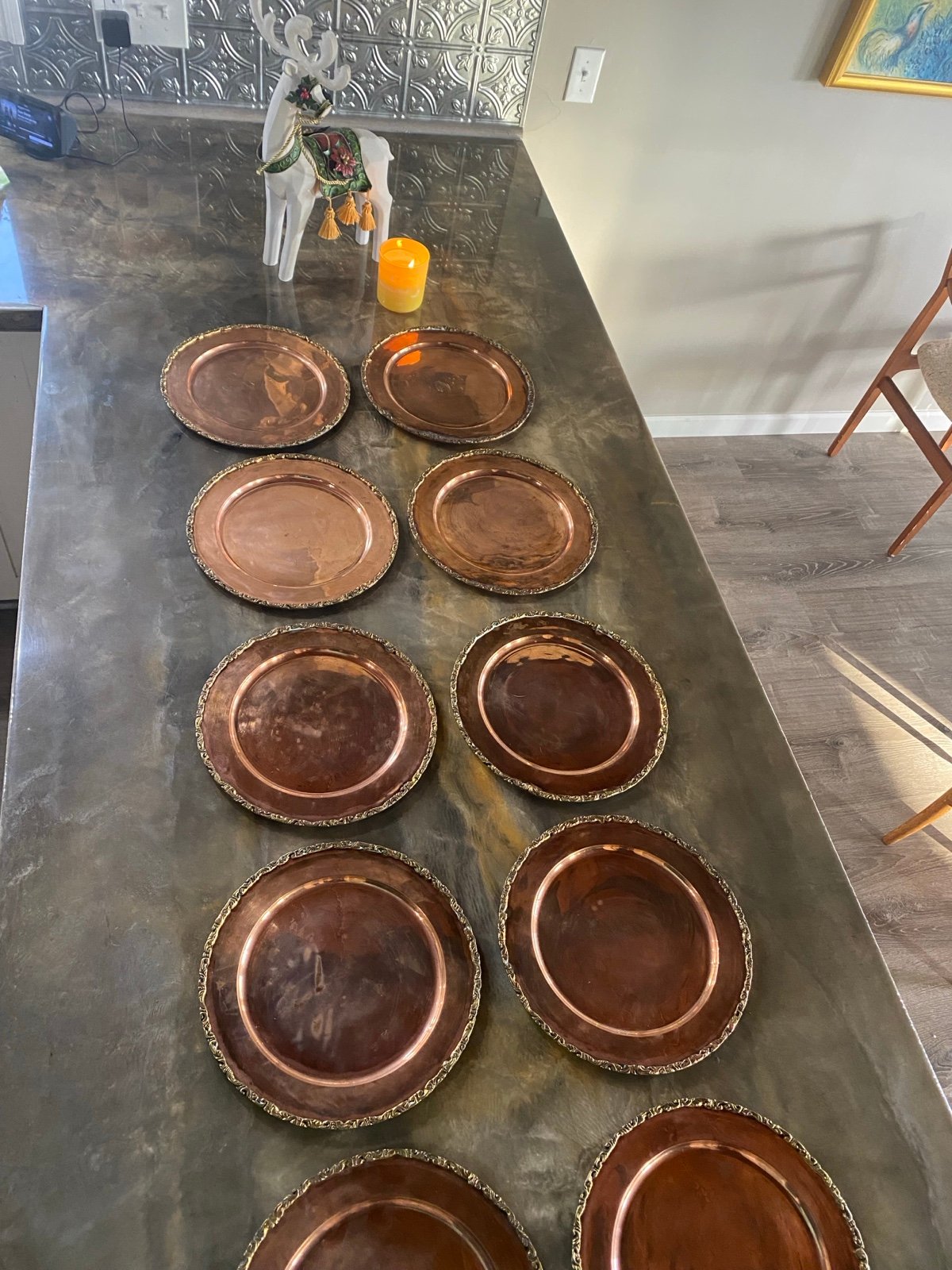 Vintage Hecho En Mexico Copper Ornate Brass Trim Plates 12 , 10 Pc. Chargers