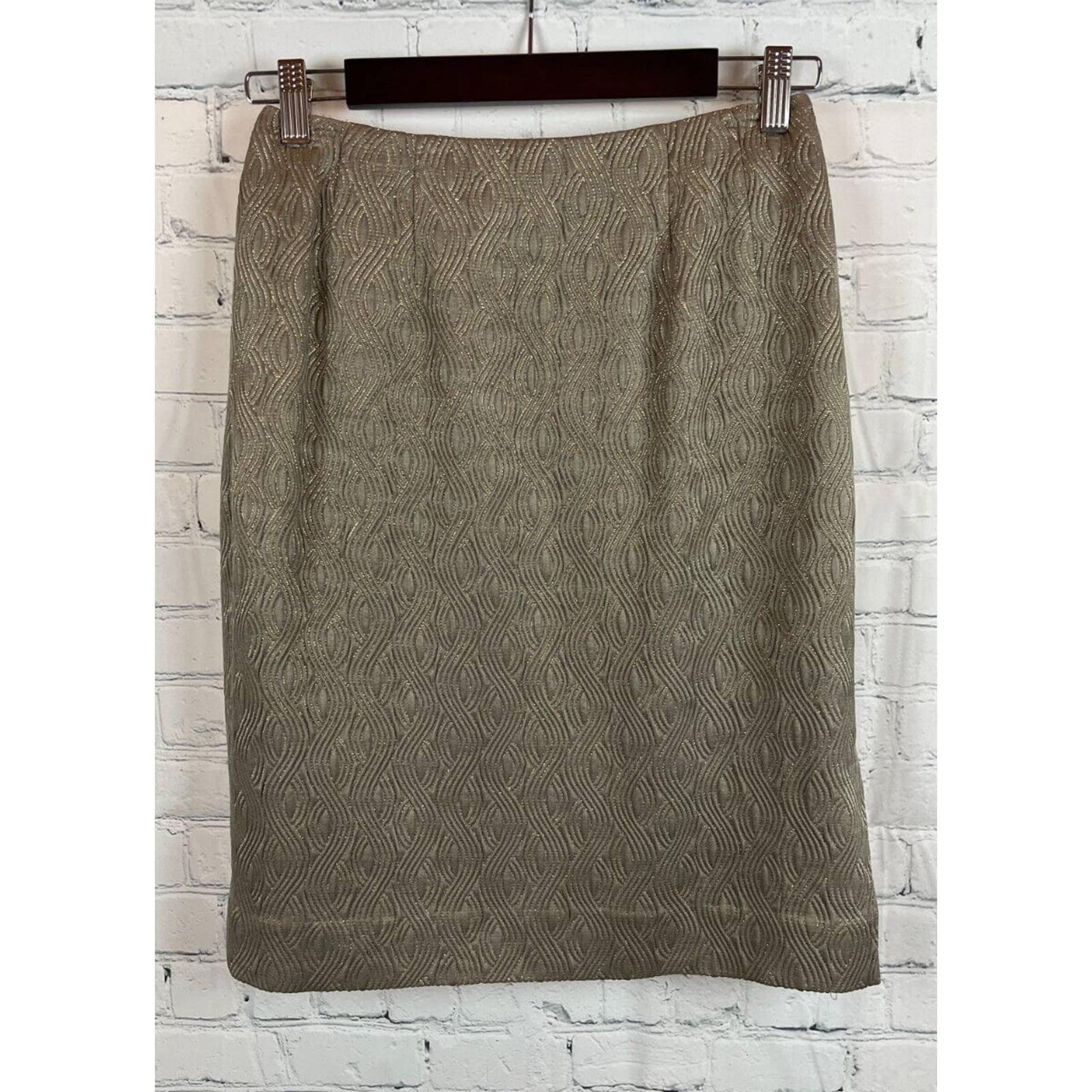 CARLISLE taupe silk wool gold embroidered classic pencil straight skirt 4 VTG