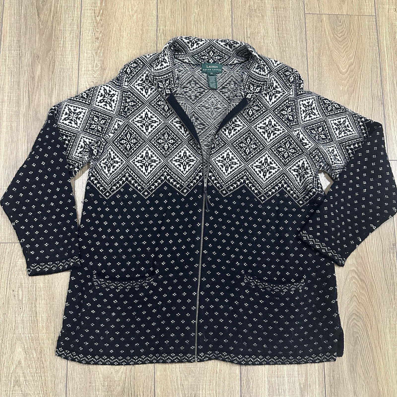 VTG Lauren Ralph Lauren 100% Lambswool Womens Jacket XL Gray White Aztec Hooded